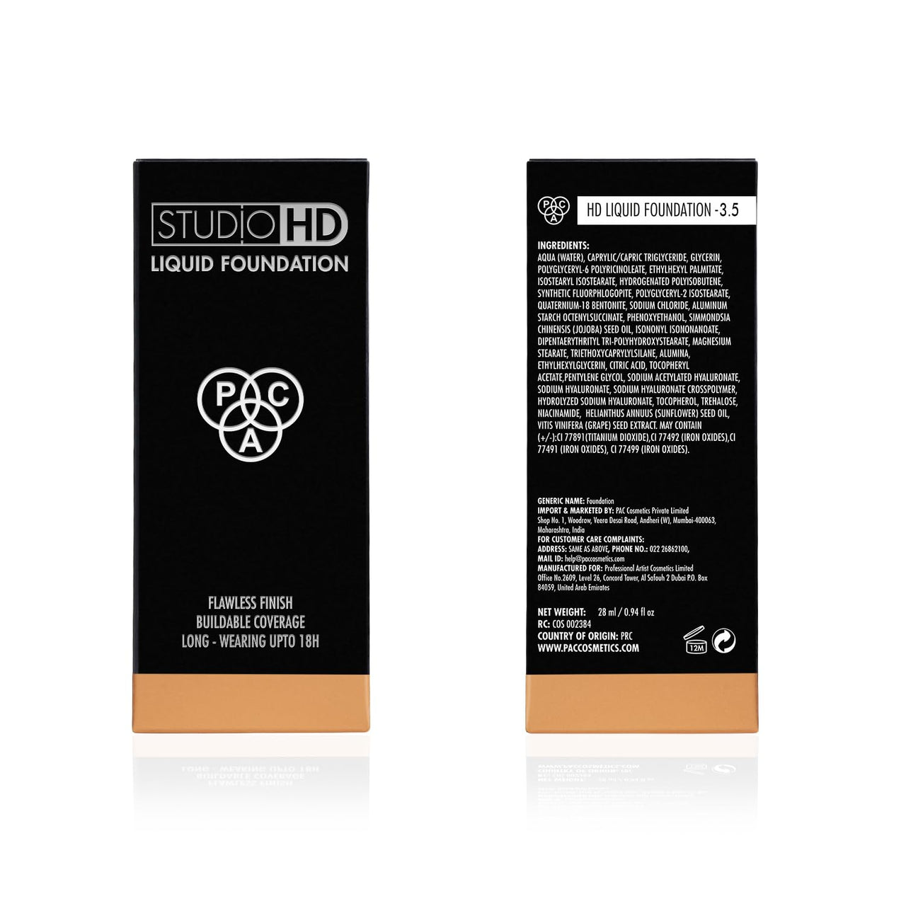 PAC Studio HD Liquid Foundation (3.5) | Lightweight Dewy Satin Finish | Medium to Buildable Coverage | Natural Second Skin like Finish | Suitable for all Skin Types - 28ml