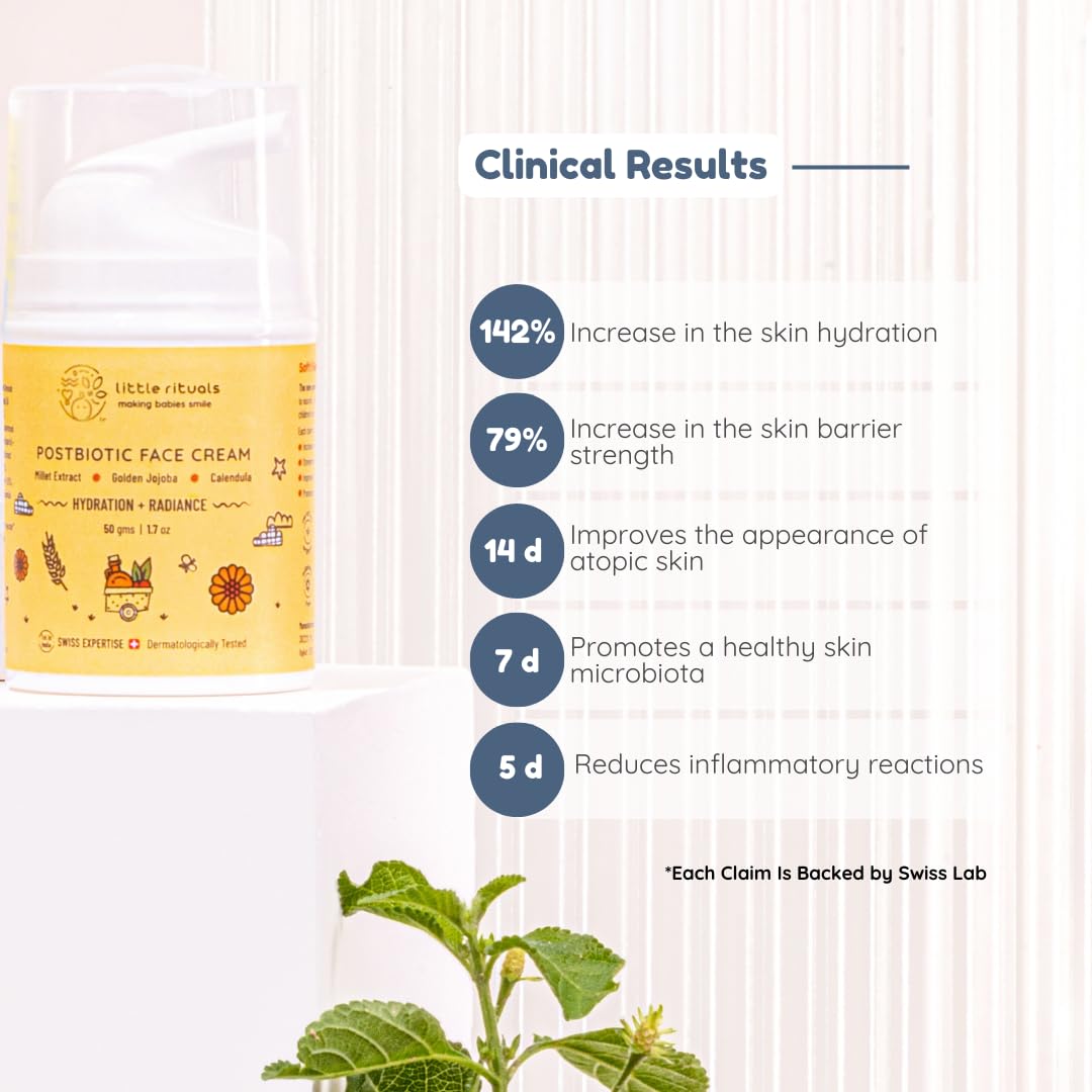Little Rituals Baby and Kids Post-Biotic Face Cream Moisturiser - Hydration + Radiance, Formulated with Golden Millets, Jojoba, Calendula, Natural, Organic, Dermat tested, SWISS Technology (50 gram)