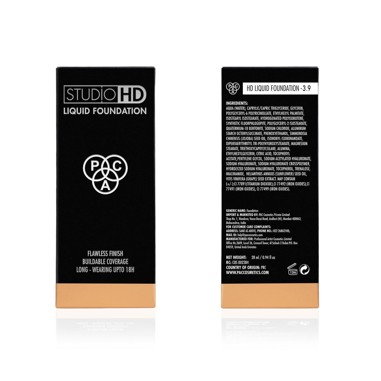 PAC Studio HD Liquid Foundation (3.9) | Lightweight Dewy Satin Finish | Medium to Buildable Coverage | Natural Second Skin like Finish | Suitable for all Skin Types - 28ml