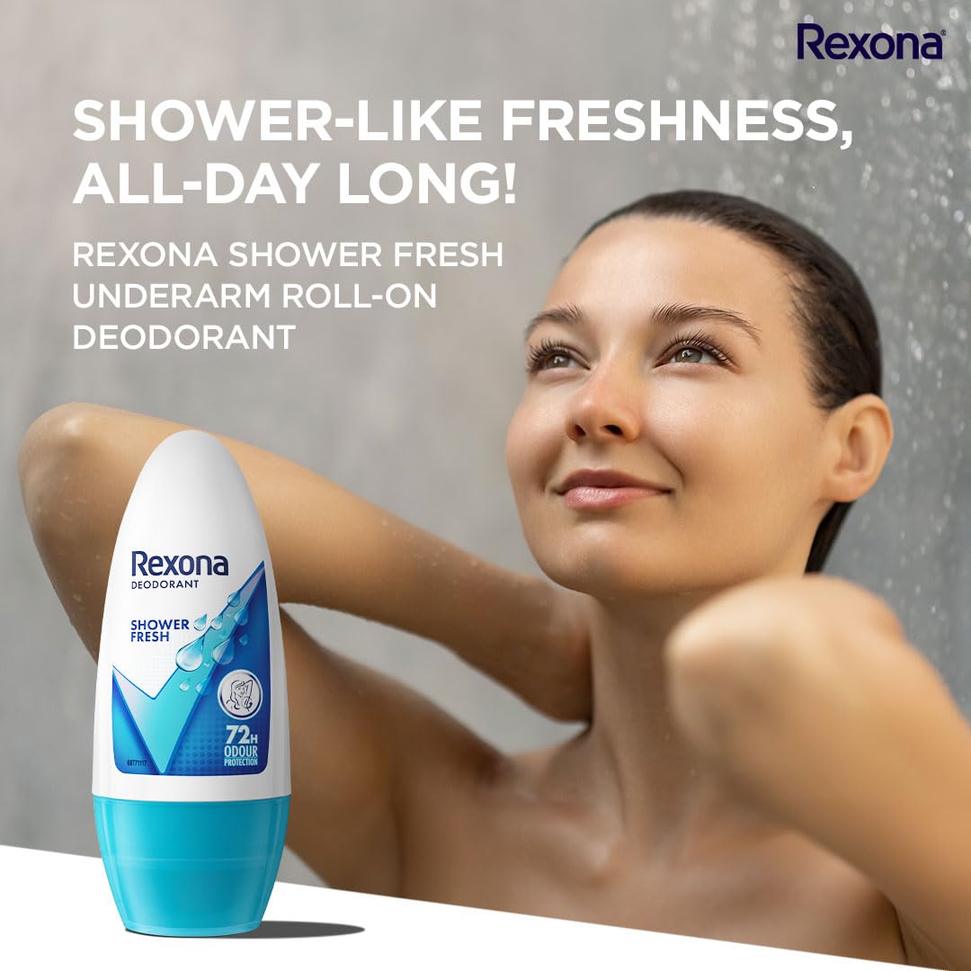 Rexona Shower Fresh Underarm Roll On Deodorant For Women, Antiperspirant, Removes Odour, Keeps Skin Fresh & Clean, Alcohol Free, Skin Friendly, 50 ml