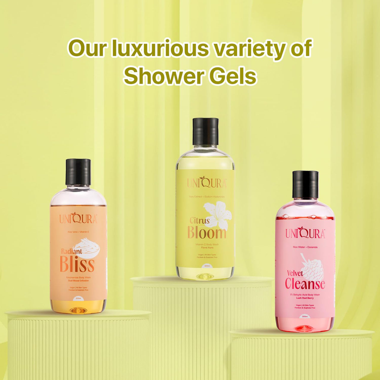 Uniqura Hydrating Body Wash Combo With Berries & Oud Fragrances | Reduce Acne, Remove Tan & Purify Skin| Shower Gel For Men & Women (300 ml each+Free Loofah)