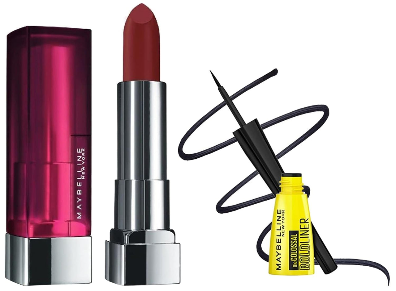Maybelline New York Colossal Bold Eyeliner, Black, 3g & Maybelline New York Color Sensational Creamy Matte Lipstick, 696 Burgundy Blush, 3.9g