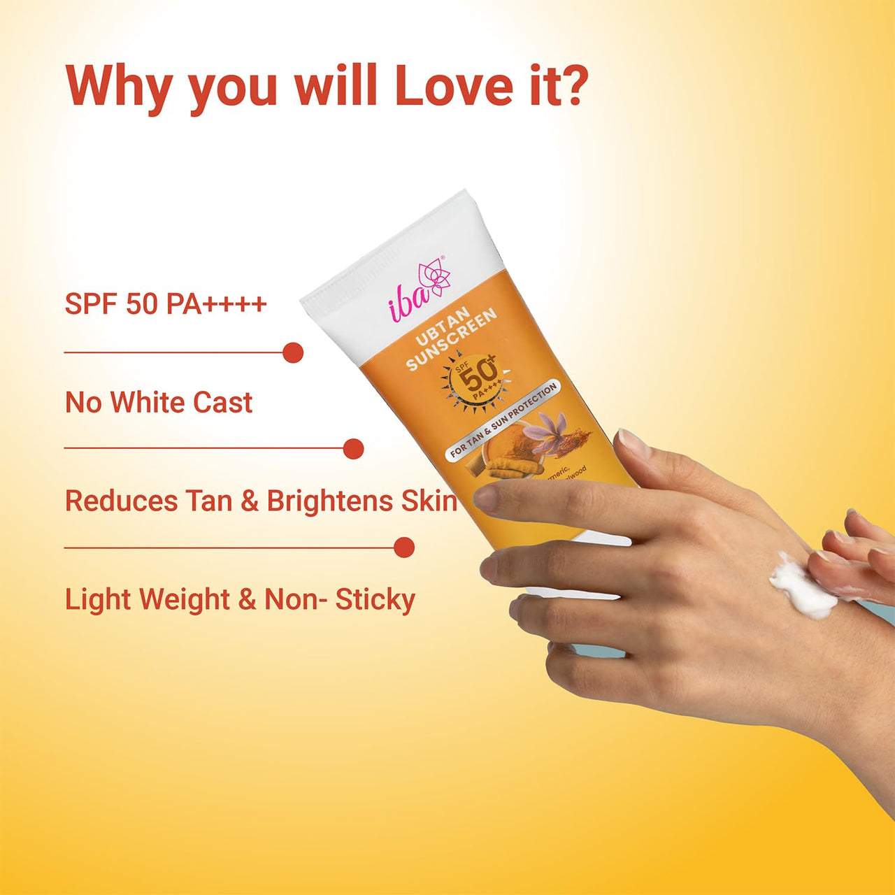 Iba Ubtan Sunscreen SPF 50 PA++++ with Turmeric, Saffron, Sandalwood – 50g | For UVA & UVB Protection | For All Skin Types