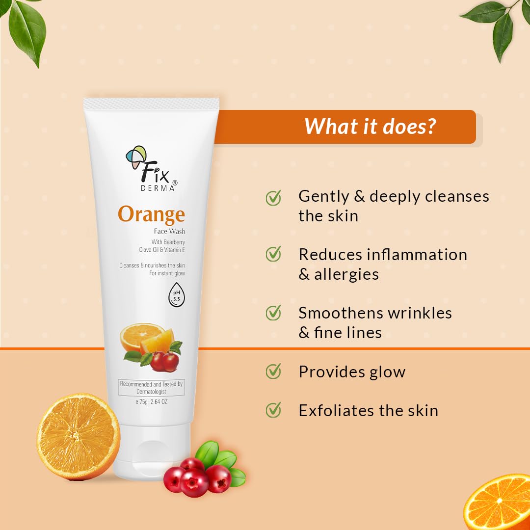 Fixderma Orange Face Wash with Vitamin E & Bearberry | Tan Removal Face Wash | Face Wash & Face Cleanser | Face Wash for Oily Skin (All Type Skin) | Face Wash for Women & Men - 75g