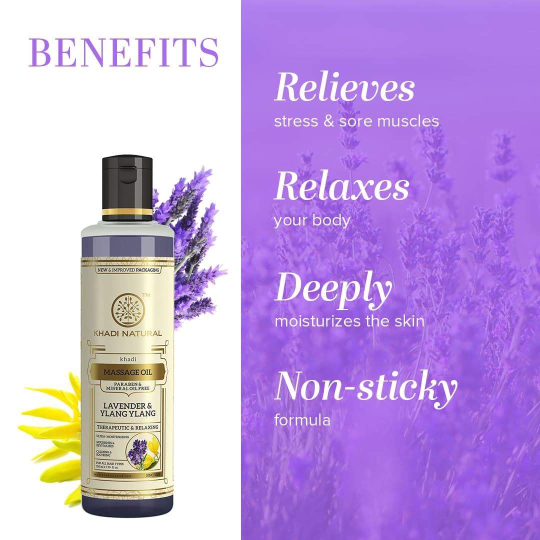 Khadi Natural Herbals Lavender & Ylang Ylang Massage Oil|Paraben & Mineral Oil Free| Quickly absorbing hair oil|Stress-relieving properties|Suitable for All Types of Hair| 210ml