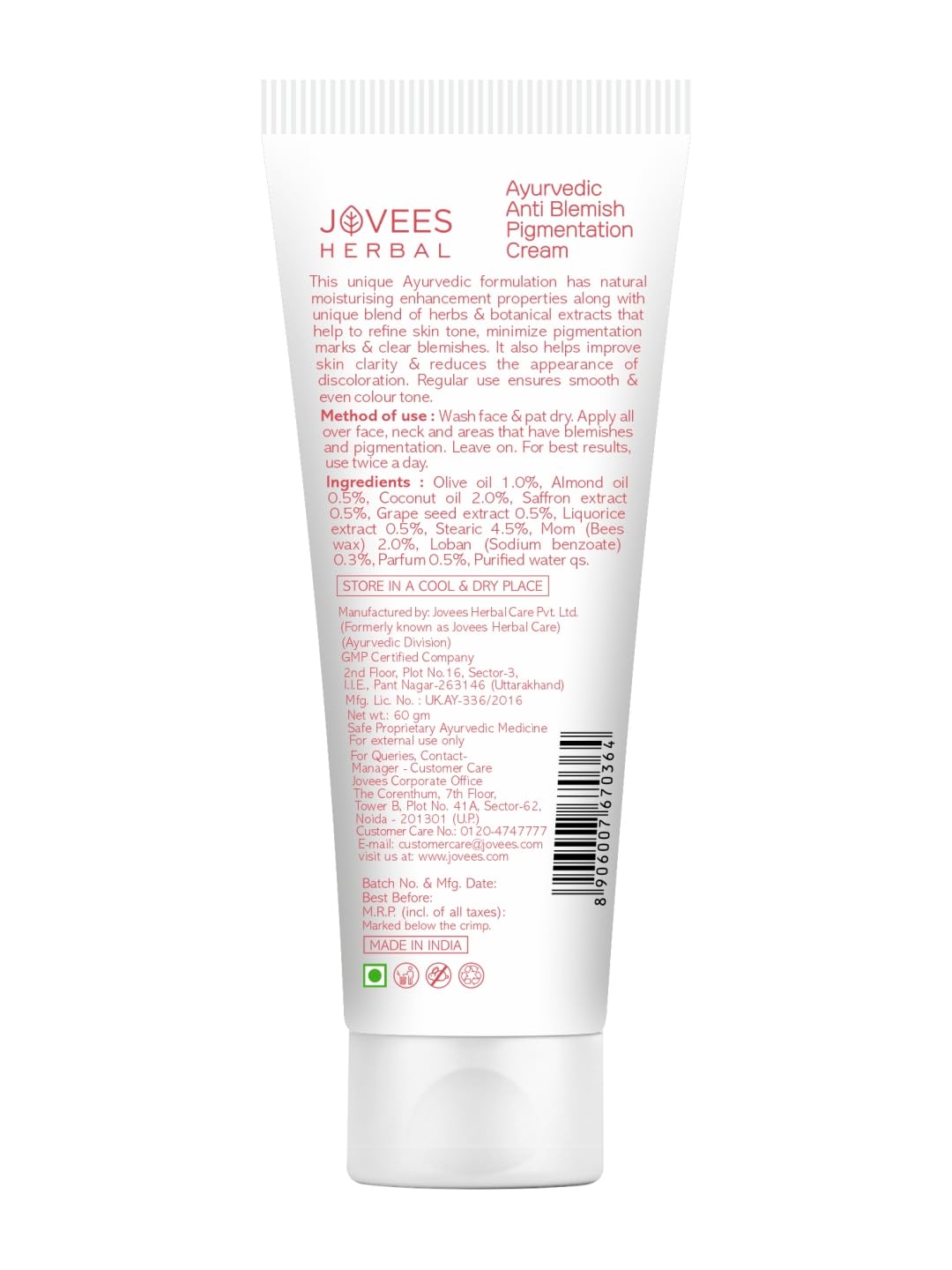 Jovees Herbal Anti Blemish Pigmentation Cream with the Essence of Saffron | Reduces Dark Spots, Pigmentation & Blemish | For All Skin Types | 60gm