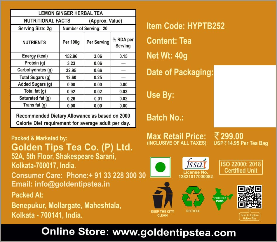 Golden Tips Lemon Ginger Herbal Tea, Herbal Blend with Lemongrass, Ginger, Lemon Peel & Black Pepper, Caffeine-Free Citrus-Spice Infusion for Energy, Digestion & Refreshment