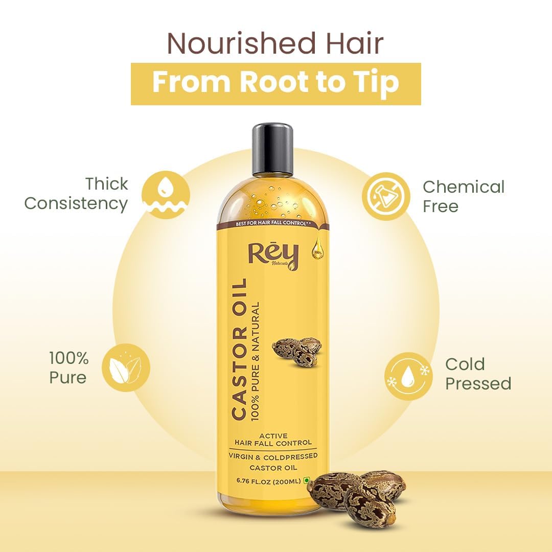 Rey Naturals Rosemary Essential Oil & Cold Pressed Castor Oil (Arandi Tel) | Rosemary Oil & Extra Virgin Hair Oil Combo For Hair Growth & Scalp | Hair Oil For Men & Women - (200ml+15ml)