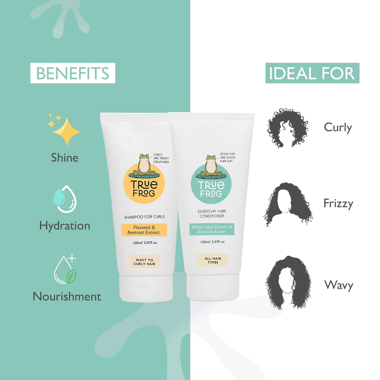 True Frog Shampoo For Curls(150 ml) & Everyday Hair Conditioner (150ml) for Curly, Wavy, Dry and Frizzy Hair, Combo Pack of 2