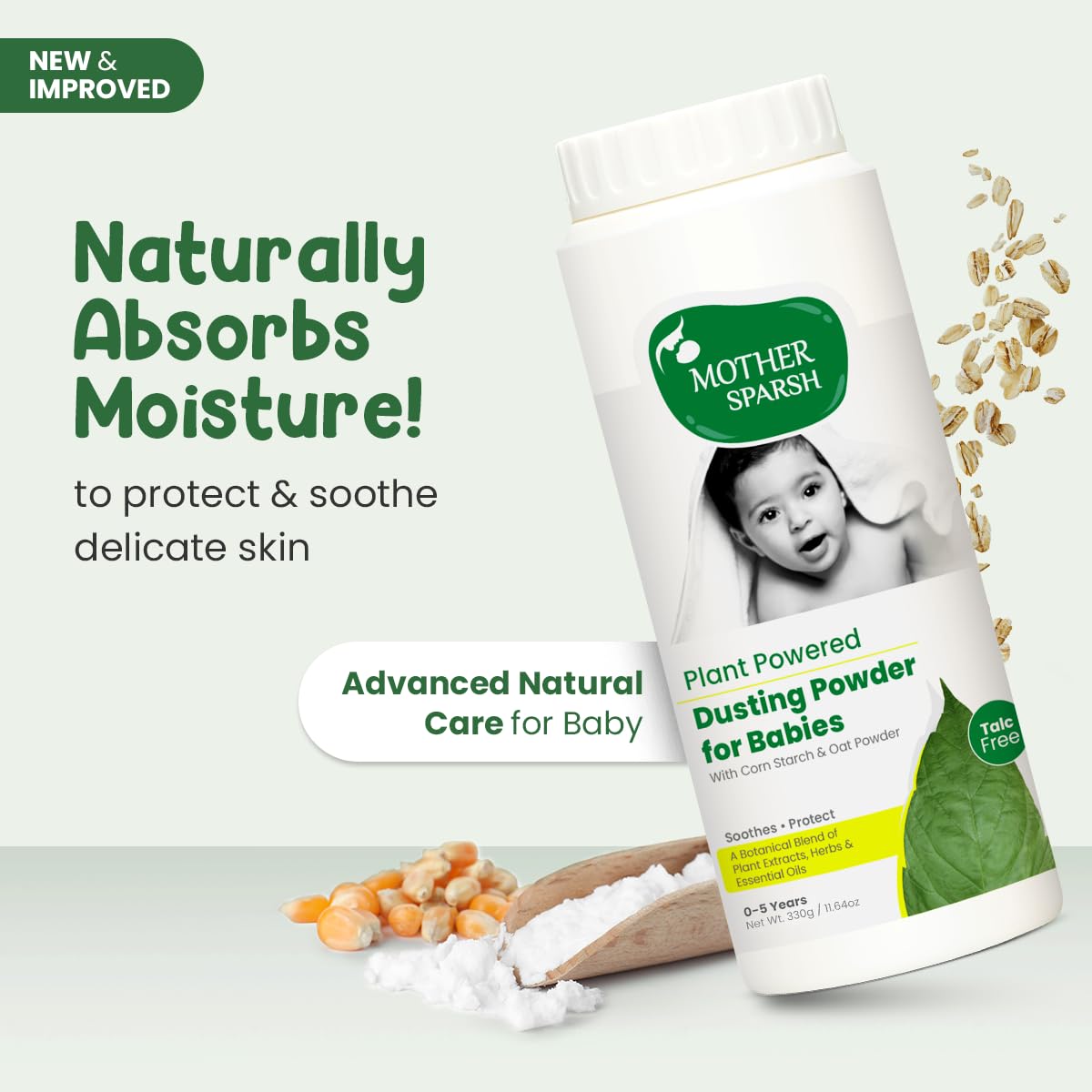 Mother Sparsh Plant Powered Dusting Powder For Babies - 330g | Talc Free Baby Powder With Corn Starch & Oat Powder