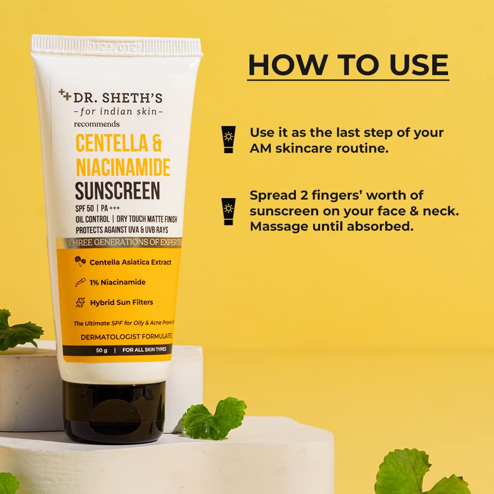 Dr Sheth's Centella & Niacinamide Sunscreen SPF 50 PA+++ | For Oily & Acne-Prone Skin | Sweat Proof & Water-Resistant | Dry Touch Matte Finish | Controls Excess Oil | Protects Against UVA & UVB Rays | For Men & Women | 50 g
