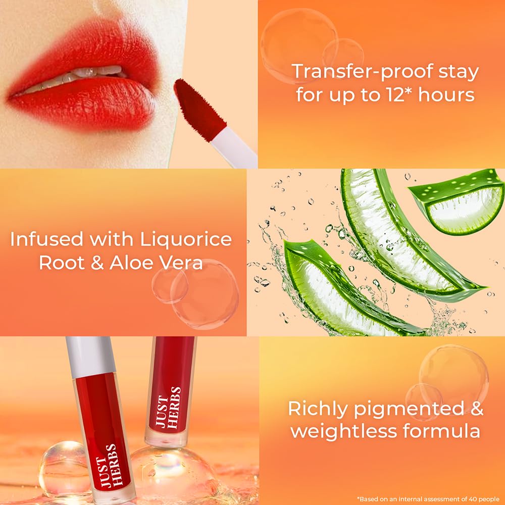 Just Herbs Water Baby Smudge & Transfer Proof | 12hrs Stay | Richly Pigmented Infused with Aloe Vera Multipurpose Water Tint for Lips, Cheeks and Eyelids for Women 6.5ml (Peach Please)