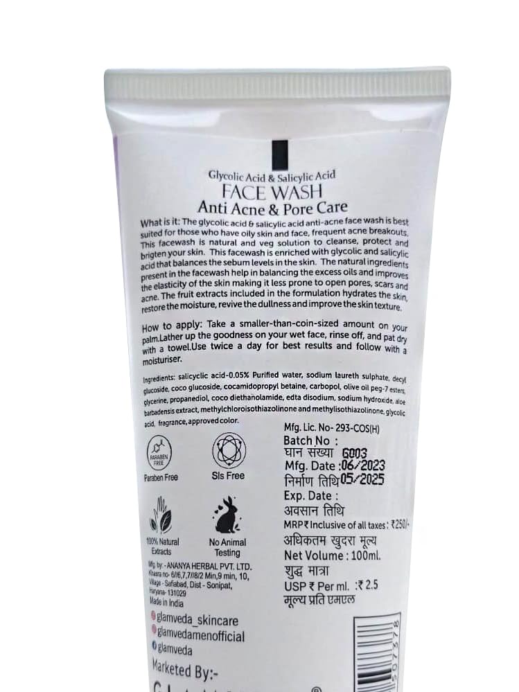 Glamveda Glycolic Acid & 0.05% & Salicylic Acid Anti Acne face wash | For Oily & Acne Prone Skin | Oil balancing, Deep Cleansing - 100 ml
