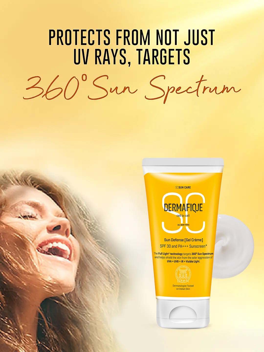 Dermafique Sun Defense Gel Crème, SPF 30, PA +++ Sunscreen 150g, for All Skin Types, 360 degree Sun Spectrum Protection, Prevents Tanning & Photoaging, Protects from UVA,UVB, IR & Visible Light, Dermatologist Tested on Indian Skin, for Men & Women