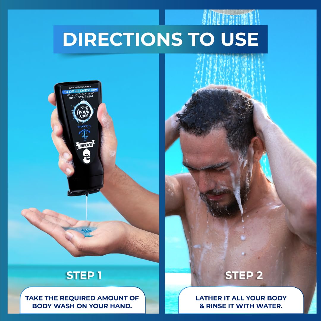 Muuchstac Ocean 3-in-1 Body Wash for Men | Clear Skin, Controls Sweat, Fights Body Acne & Bad Odour, Shower Gel for Long-Lasting Fresh | 182 ml