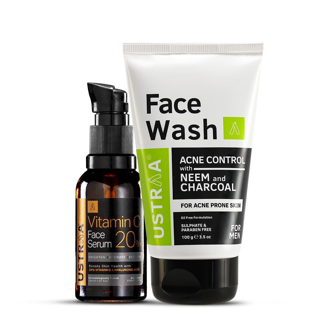 Ustraa Face Wash Acne Control - With Neem & Charcoal - 100g - Oil control, Prevents Acne & 20% Vitamin C Face Serum - 30ml | 20% Vitamin C in Pure form | with Hyaluronic Acid | Anti-Aging, Brightening
