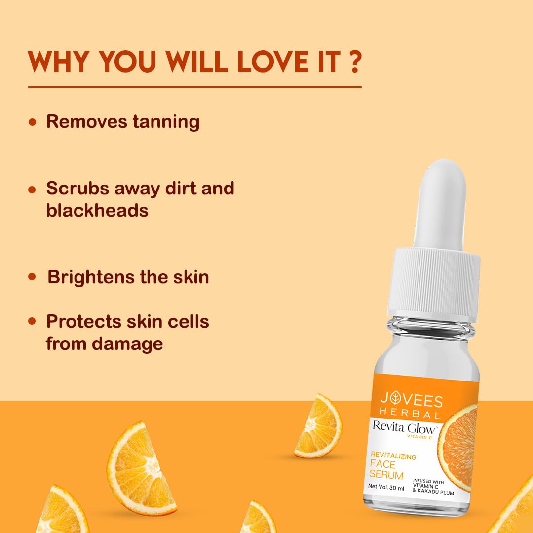 Jovees Herbal Revita Glow Vitamin C Face Serum Infused with Vitamin C & Kakadu Plum |Reduces Dark Spots|For Naturally Glowing Skin | For All Skin Type | 30ml