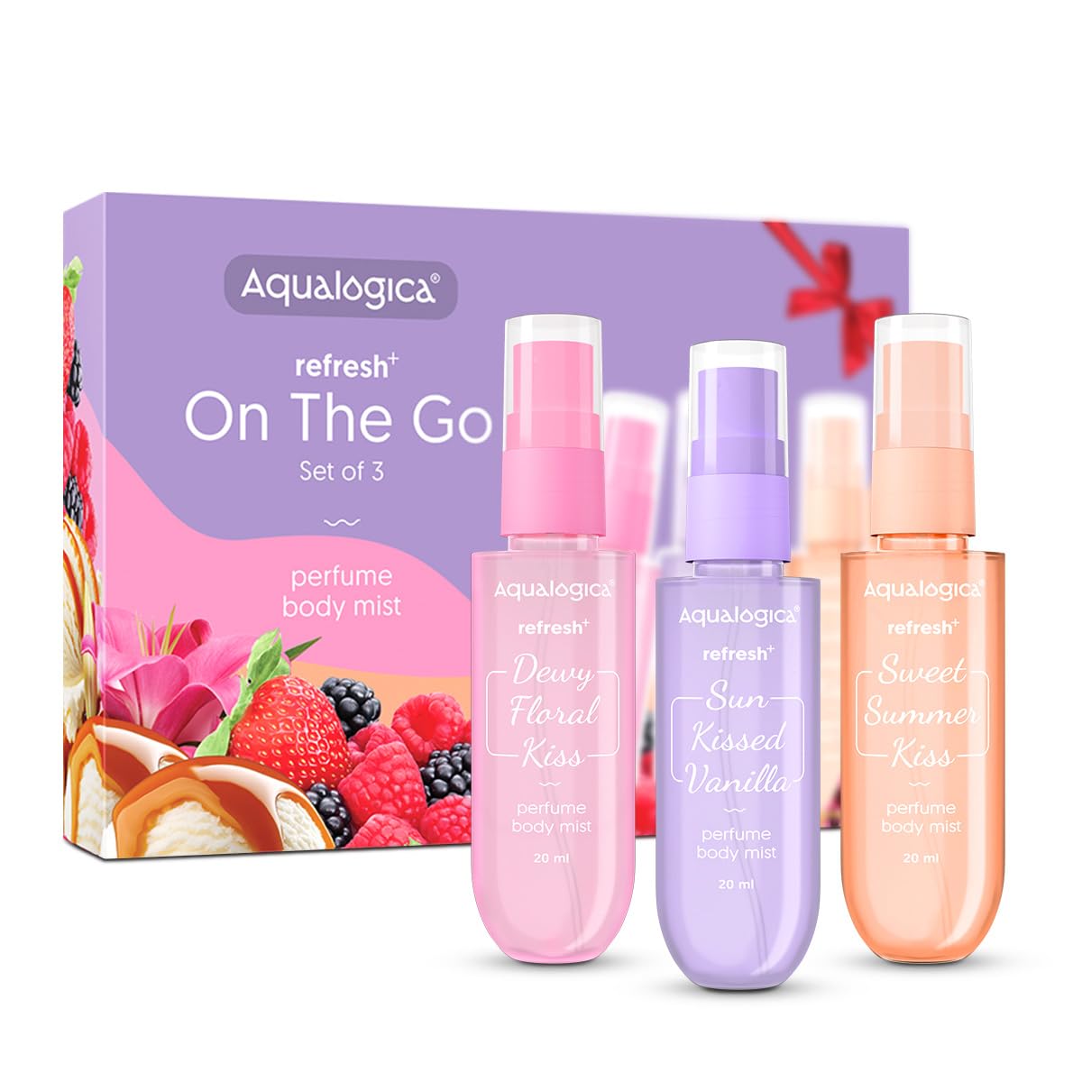 Aqualogica Refresh+ On the Go Set of 3 Perfume Body Mist | Travel Friendly | Long Lasting | Warm, Sweet & Floral Fragrance | Double Duty Mist for Hair & Body | Gifting For Valentine's Day, Birthday, Anniversary & Special Occasions | Premium Gift Pack | 20