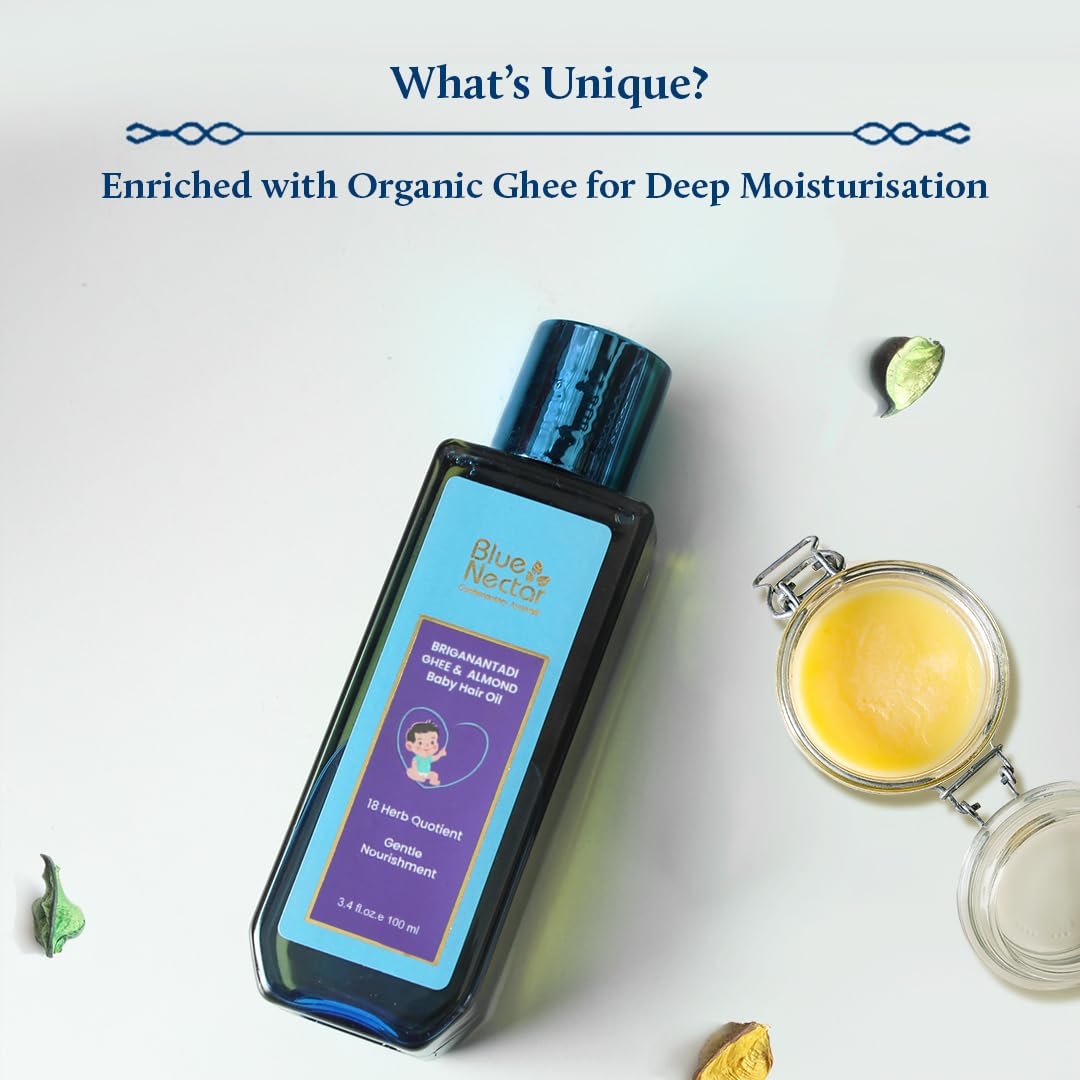 Blue Nectar Ayurvedic Baby Hair Oil with Organic Ghee, Almond Oil, Coconut Oil & Olive Oil for Hair and Scalp (18 Herbs, 100 ml)