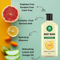 GREENWORTH Body wash for glowing skin with AHA and Aloevera | Hydrating and Gentle Exfoliating Body Wash for Brighter, Softer and Smoother Skin| Sulphate & Paraben Free | 300 ml