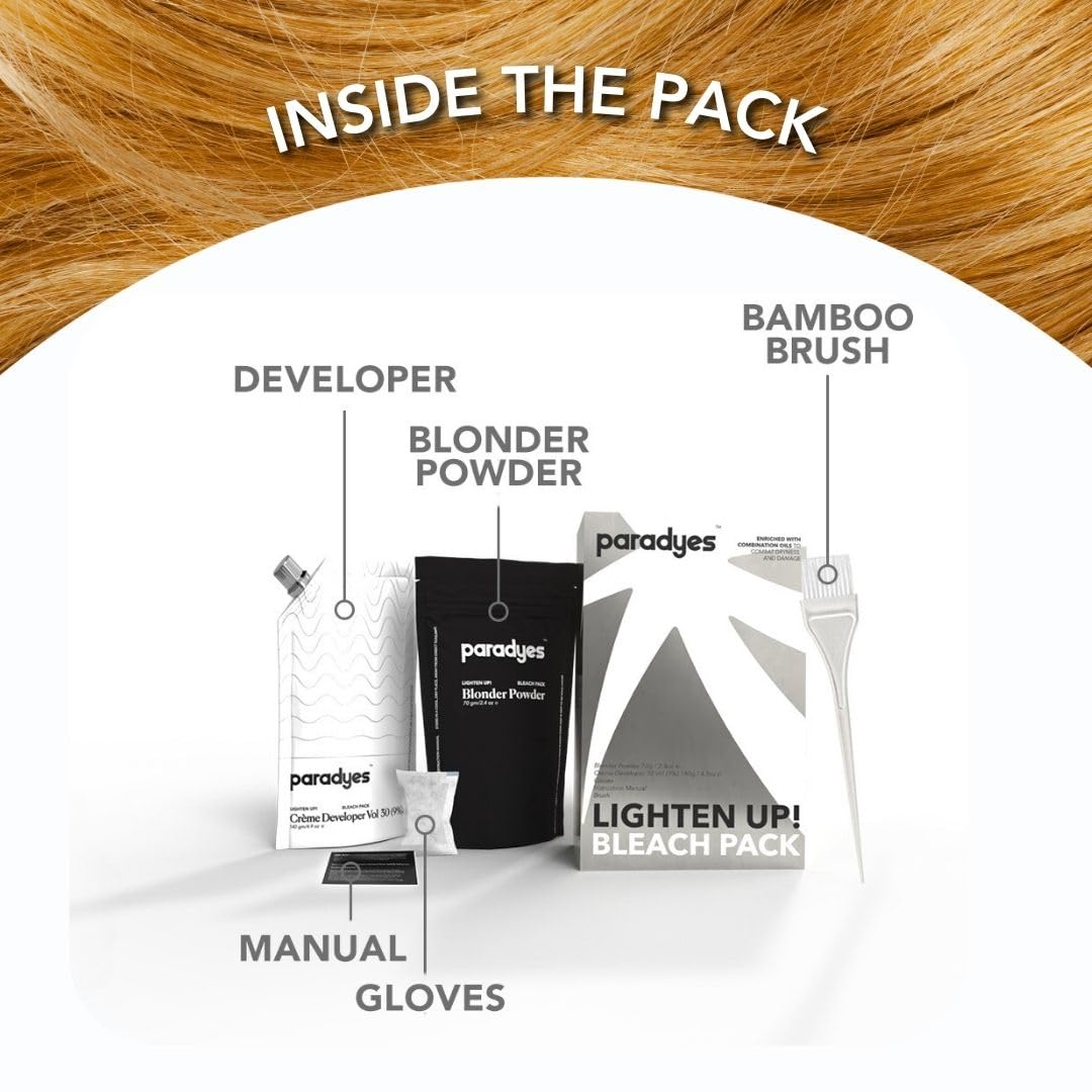 Paradyes Lighten Up! Bleach Pack 30 Vol. enriched with Flax Oil, Almond Oil and Olive Oil to lighten dark hair, suitable for All Hair Types