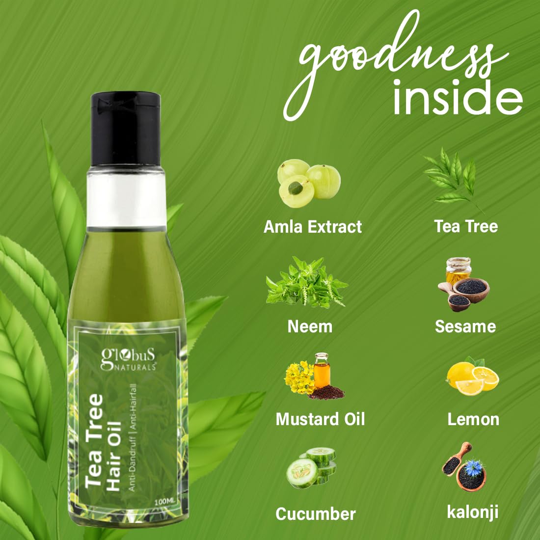 Globus Naturals Tea tree Hair Oil 100 ml, for dandruff & ichy scalp conditions, with 14 ayurvedic herbs, 100% Natural & Organic, SLS Free, Paraben Free