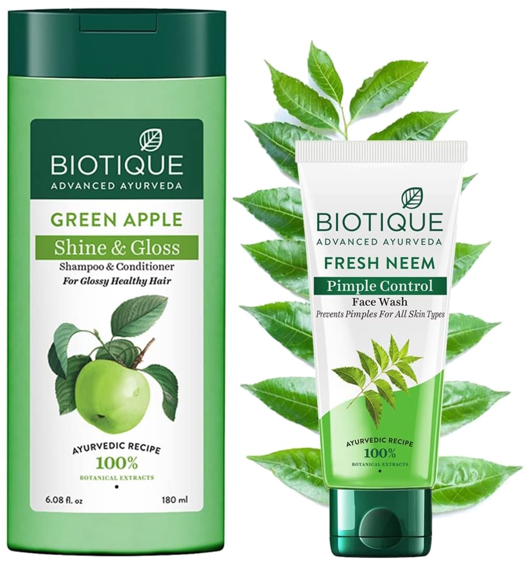 Biotique Bio Green Apple Fresh Daily Purifying Shampoo and Conditioner for Oily Scalp and Hair, 180m And Biotique Bio Neem Purifying Face Wash for All Skin Types, 150ml