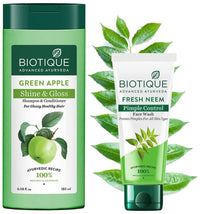 Biotique Bio Green Apple Fresh Daily Purifying Shampoo and Conditioner for Oily Scalp and Hair, 180m And Biotique Bio Neem Purifying Face Wash for All Skin Types, 150ml