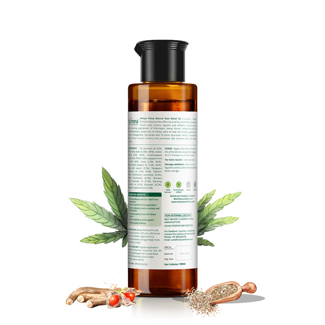 Hampa Hemp Muscle Pain Relief Oil 100ml | Lasting Relief from Back, Shoulder, Neck, Leg, Lumbar, Ortho and other Muscular Pains, Stiffness and Spasms | Ayurvedic with Vijaya Leaf Extract, Arnica, Ashwagandha | 100% Natural and Skin Friendly