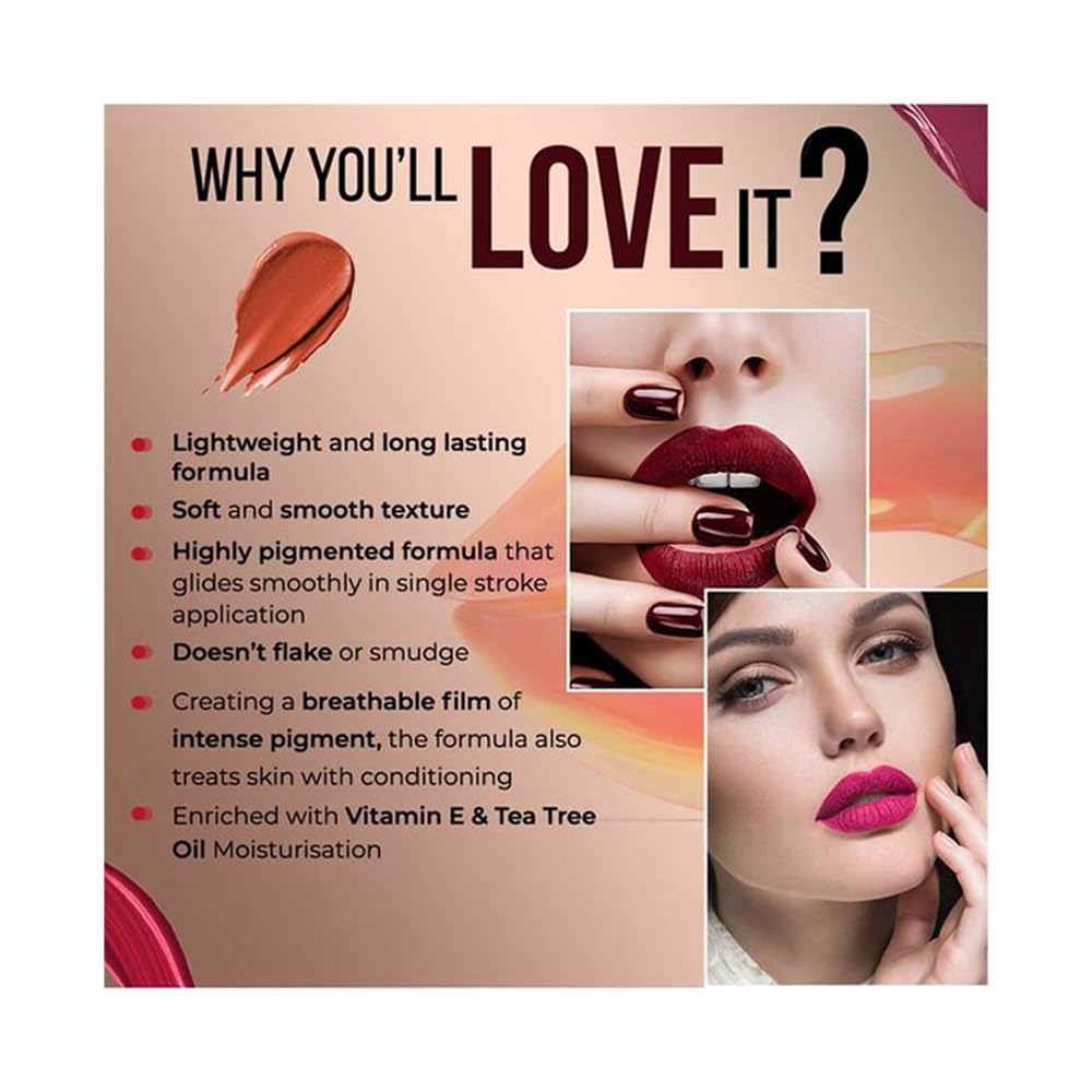 Colorbar PowerKiss Vegan Matte Lipcolor - Sizzle | All Skin Type | Transfer-Proof | Lasts Upto 12hours | Lightweight | Enriched with Vitamin E & Tea Tree Oil Moisturisation.
