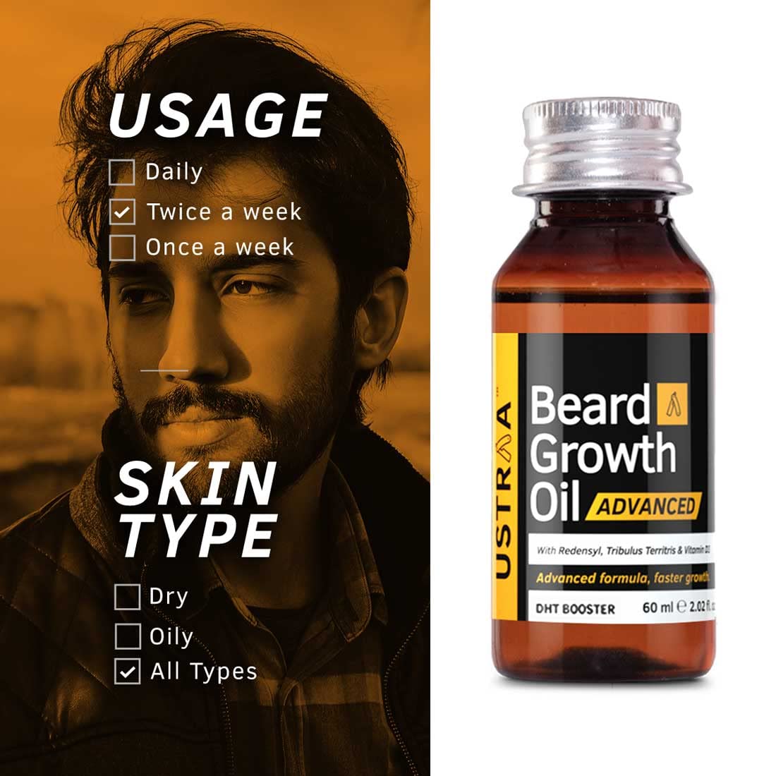 Ustraa Beard Growth Oil Advanced-60Ml-Lab Tested To Increase Beard Growth Rate By 40%,One Of Best Beard Growth Oil Patchy Beard Issues, Redensyl & Dht Booster,No Sulphates,No Mineral Oil