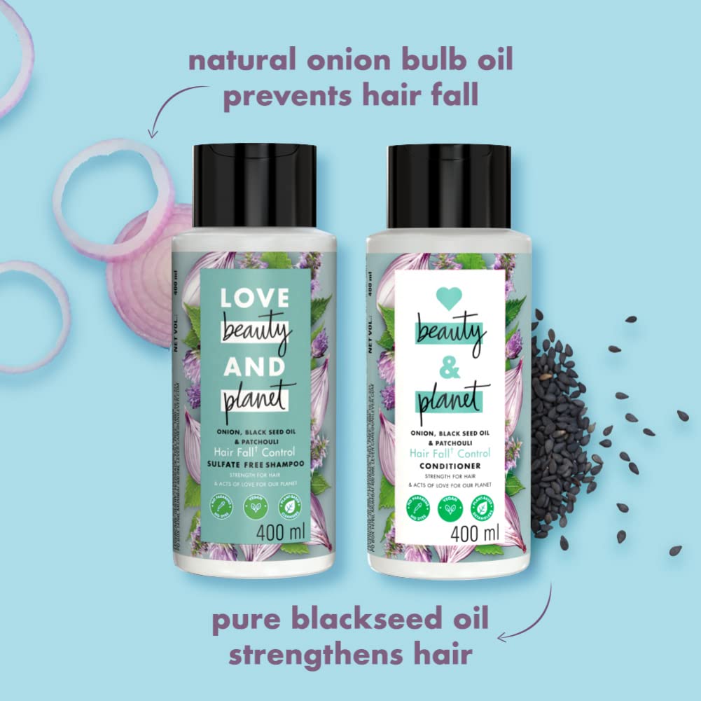 Love Beauty & Planet Onion oil, Blackseed oil & Patchouli Hairfall Control Shampoo & Conditioner, No Parabens, No dyes, Patchouli Essential Oil, 200 ml
