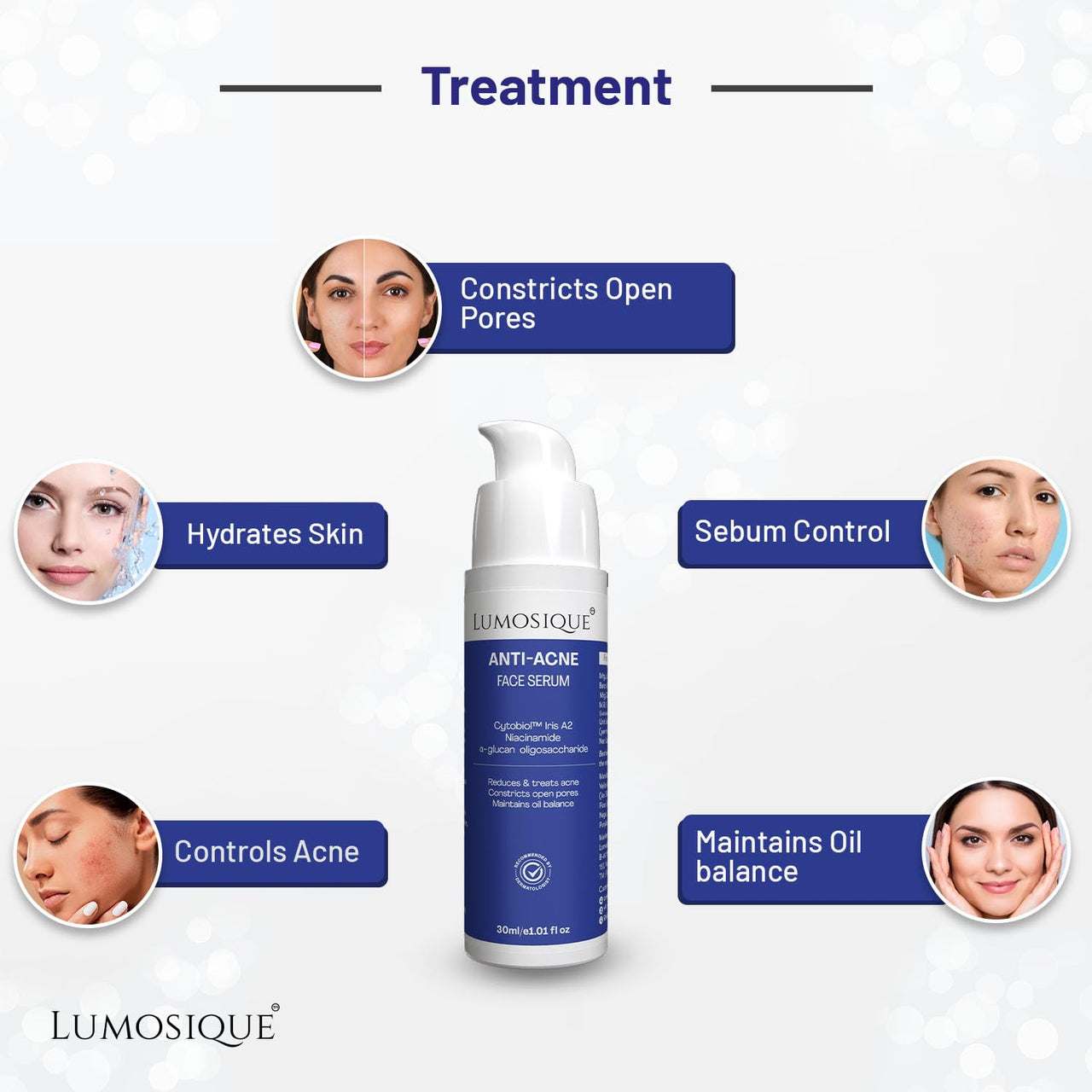 LUMOSIQUE® Anti Acne 2% Salicylic Acid Face Serum for Control Acne,Reduces Blackheads,Constrict Open Pores, Maintain Oil Balance & Hydrate Skin | For All Skin Types|For Men & Women | 30ml