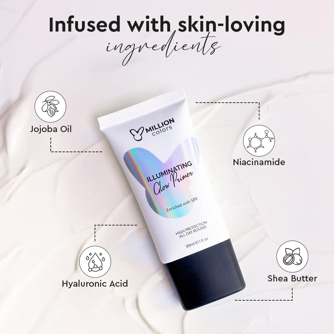 Million Colors Illuminating Strobe Cream for Face | Gold Strobe Cream + Primer + Face Highlighter | Hydrating Makeup Base with SPF |Infused With Niacinamide, Hyaluronic Acid, Jojoba Oil & Shea Butter for Radiant Skin 30ml