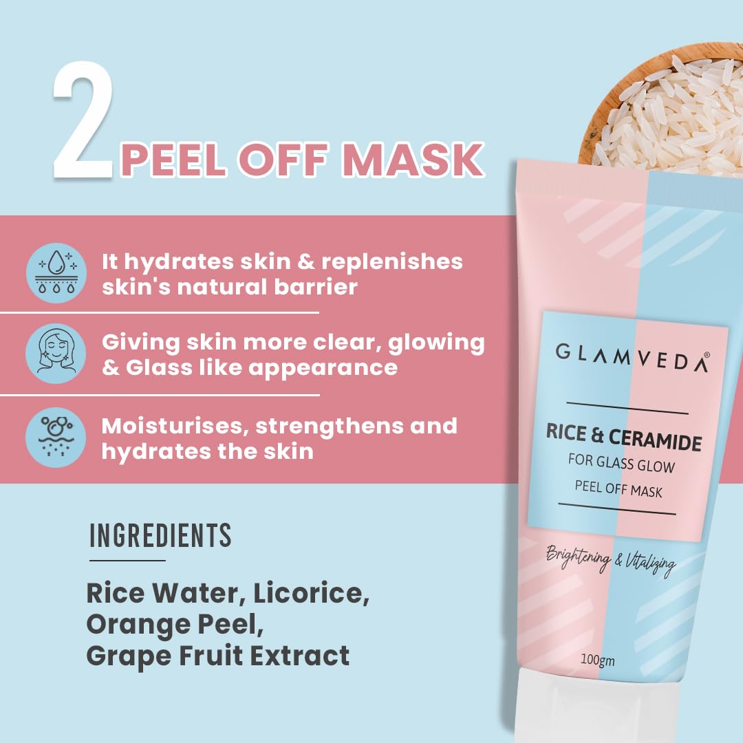 Glamveda Rice & Ceramide Combo | Skin Brightening & Anti Dullness | Improves skin barrier | Suitable For Dry to Combination Skin types | Face Wash & Peel Off Mask Combo