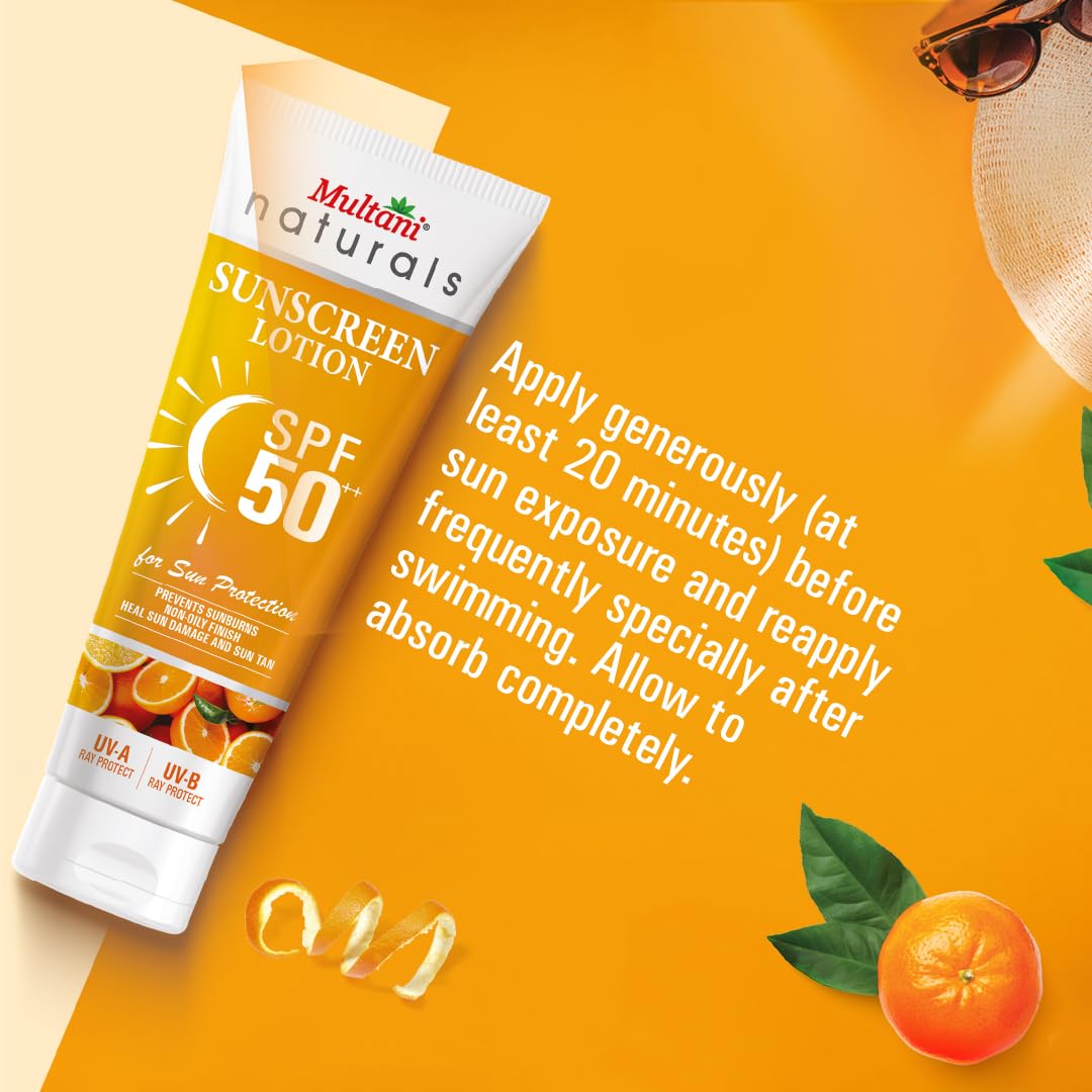 Multani Naturals Sunscreen Lotion SPF 50++ | Broad Spectrum UVA/UVB | Blue Light Protect | No White Cast | Water Resistant, Ultra Light & Non Sticky | For Oily, Dry & Sensitive Skin | For Women & Men | Free From Paraben, Mineral Oil & Sulphate |100ml