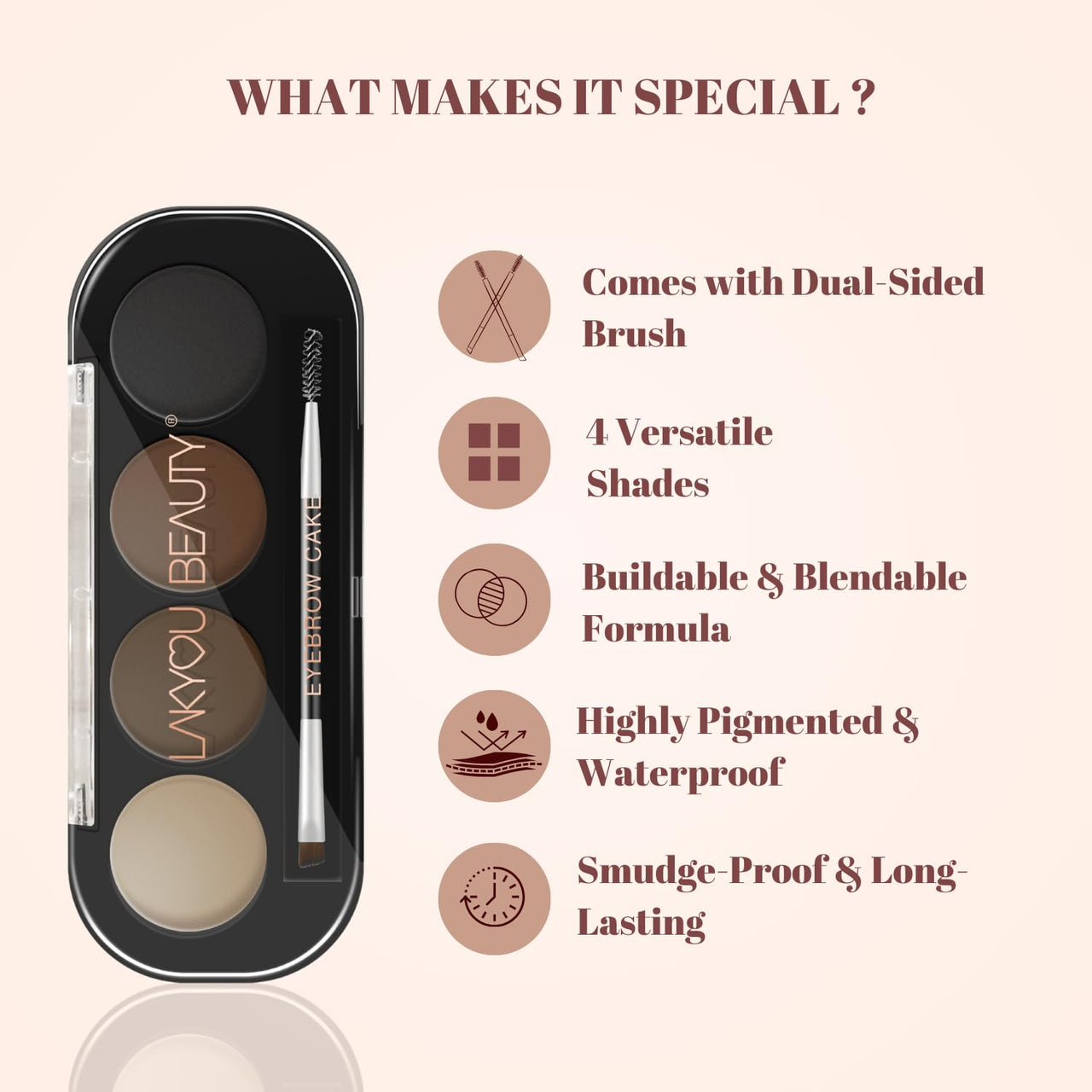 Lakyou Beauty Eyebrow Cake(Enhancer) | Comes With 4 Natural Shades And A Dual Side Brush one side angel and A Spoolie | Wterproof | 16g