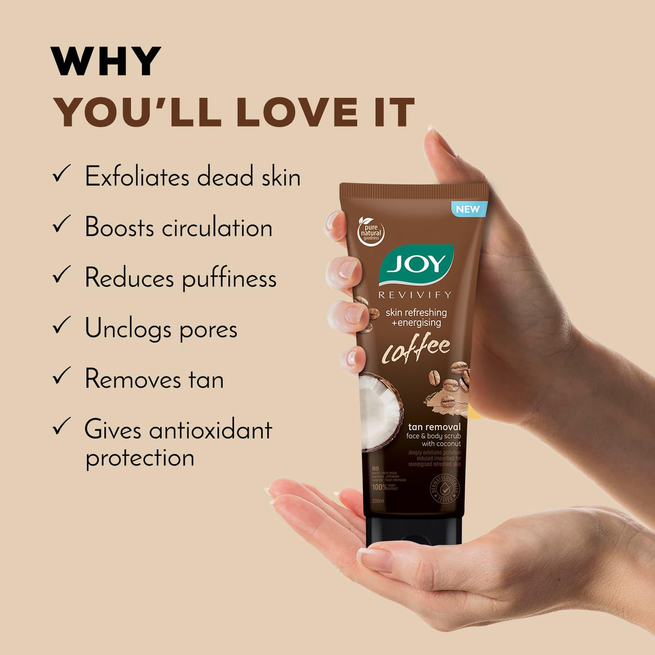 Joy Exfoliating Coffee Face & Body Scrub for Men & Women (200gm) | Anti Pollution Scrub with Coconut & Coffee | Deeply Exfoliates & Removes Dirt | 100% Vegan & Gentle on Skin