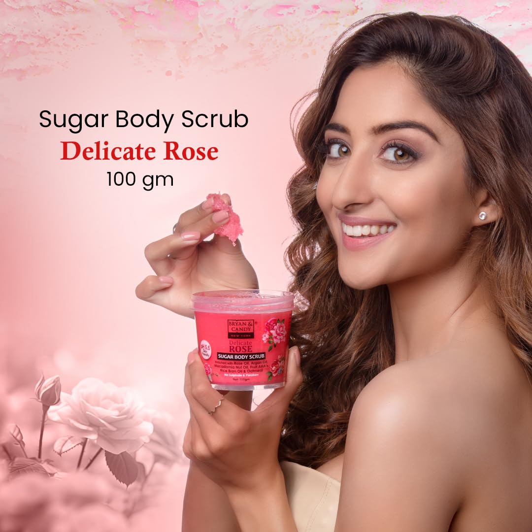 Bryan & Candy Sugar Body Scrub PH 5.5 For Tan Removal & Exfoliation | For Women & Men | 250g (Delicate Rose)