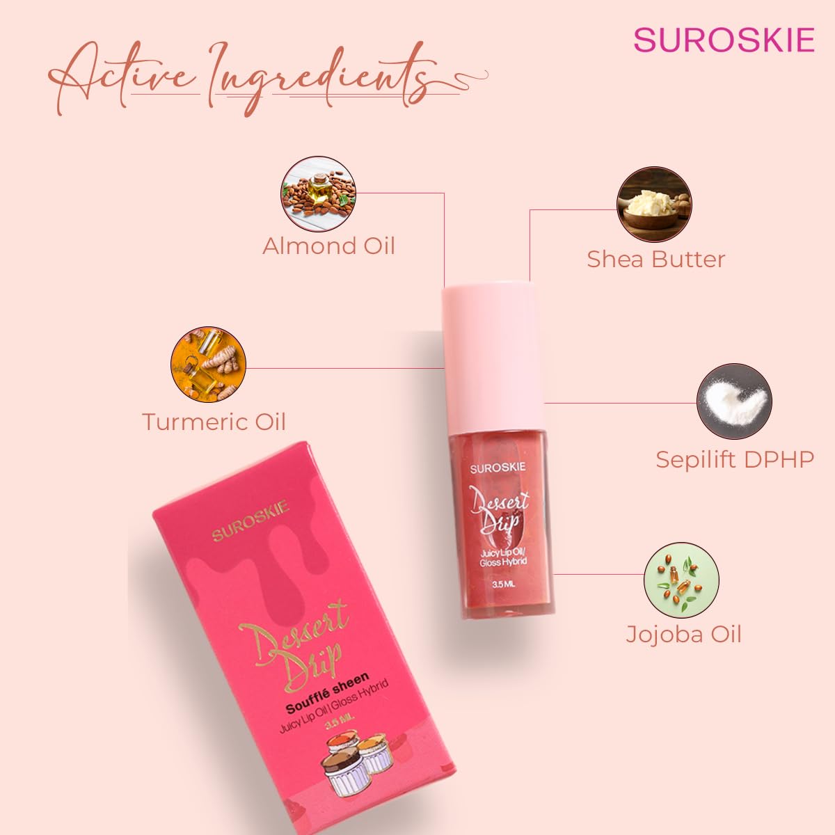 Suroskie Lip Oil Dessert Drip Souffle Sheen (Nude, 3.5Ml) | 2-In-1 Formula | Deep Hydrating Gloss | Upto 12 Hrs | High Glossy Shine | Avocado & Shea Butter | Non-Sticky | Korean Lip Gloss For Women