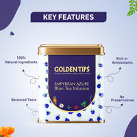 Golden Tips Empyrean Azure, Herbal Blue Tea Infusion with Pea Butterfly, Chamomile, Lemongrass, Moringa & Rose, Delicate Floral Notes & Refreshing Taste (100gm -50 cups)