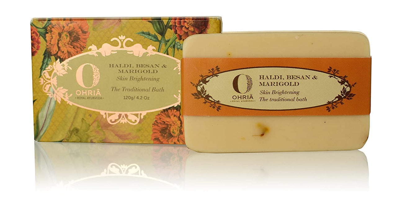Ohria Ayurveda Haldi, Besan & Marigold Bathing Bar | Gentle Cleansing, Hydrating & Nourishing Soap | Enriched with Turmeric, Gram Flour & Marigold Extract | Ideal for All Skin Types - 120g