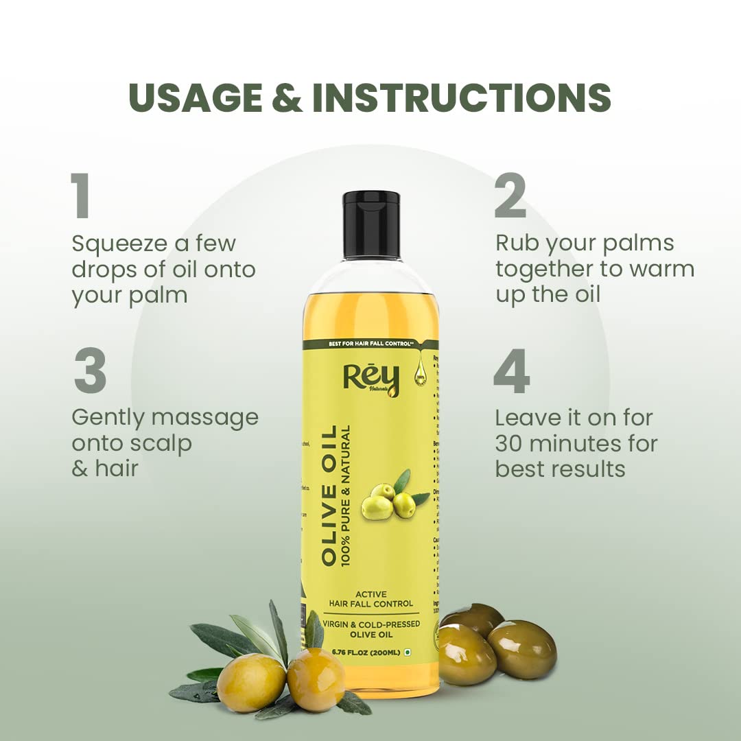 Rey Naturals Extra Virgin Olive Oil For Hair | Pure Olive Oil for Skin | Deeply Moisturizes, Repairs And Strengthens | olive oil for baby massage | Good Hair Texture | Adds Shine - 200ml