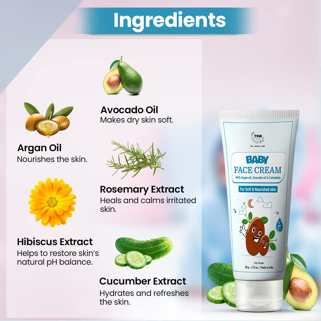 TNW-THE NATURAL WASH Baby Face Cream 50gm | With Hibiscus Extract, Argan & Avocado Oil | For Soft & Nourished Skin | Light, Non-Sticky & Quick Absorbing | 24-Hour Moisturization | For Kids 0-10 Years