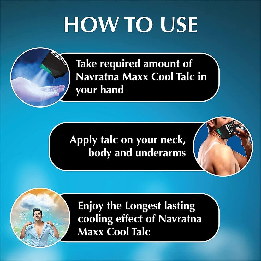 Navratna Maxx Cool Talc | Talcum Powder | Body Odour Protection & Strong Cooling Effect | Long Lasting Freshness & Fragrance, 400gm