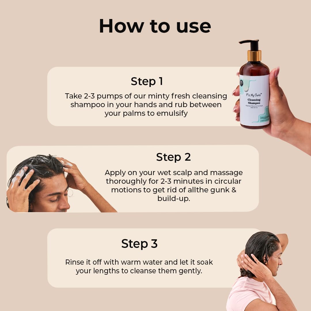 Fix My Curls Cleansing Shampoo for Curly Hair & Wavy Hair| Enriched with Apple Cider Vinegar, Tea Tree & Rosemary Oil| Anti-Frizz, Anti-Itch | pH Balanced, Paraben-Free, Silicone-Free & Sulfate-Free 250ml