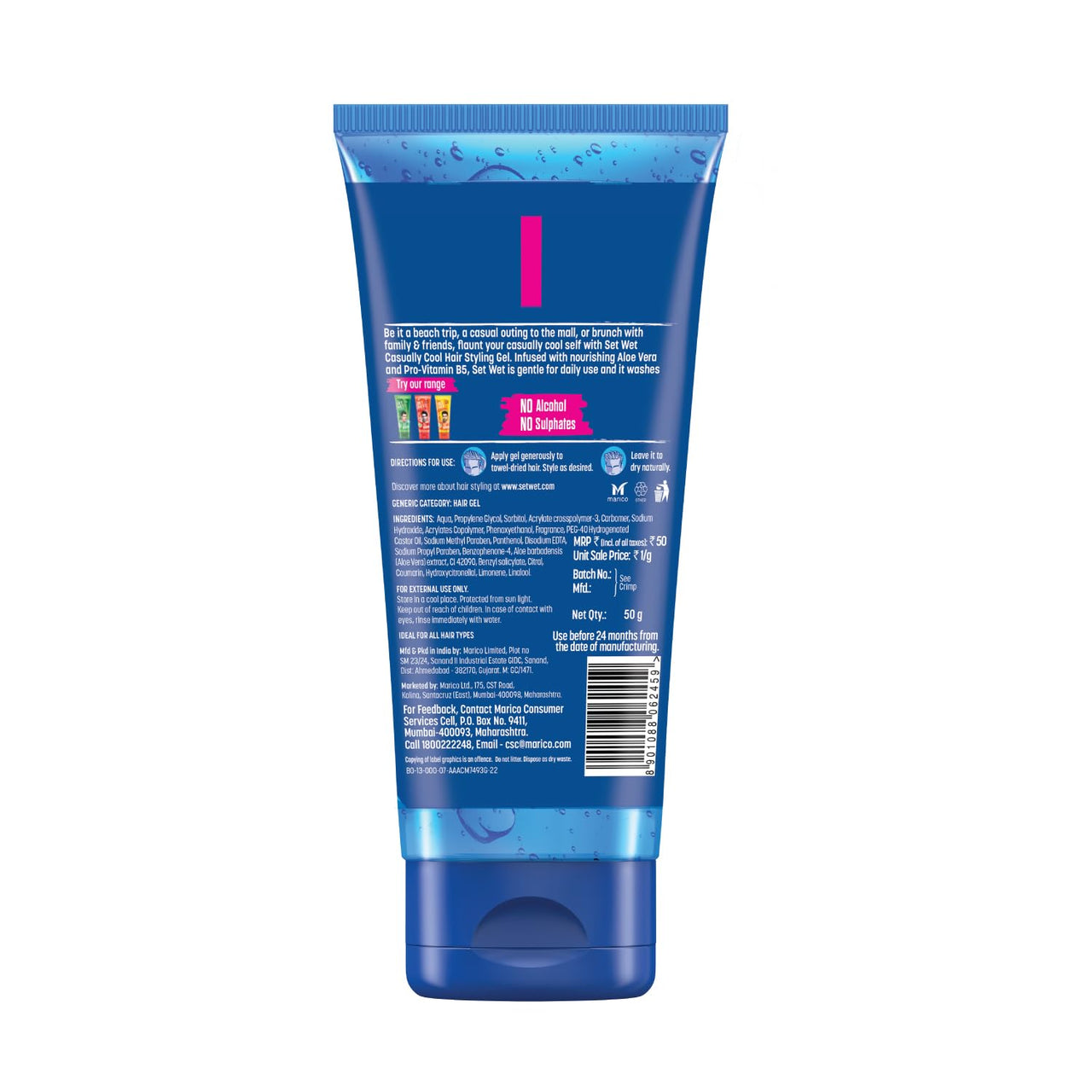 Set Wet Styling Hair Gel for Men - Casually Cool, 50gm | Medium Hold, High Shine | For Medium to Long Hair |No Alcohol, No Sulphate