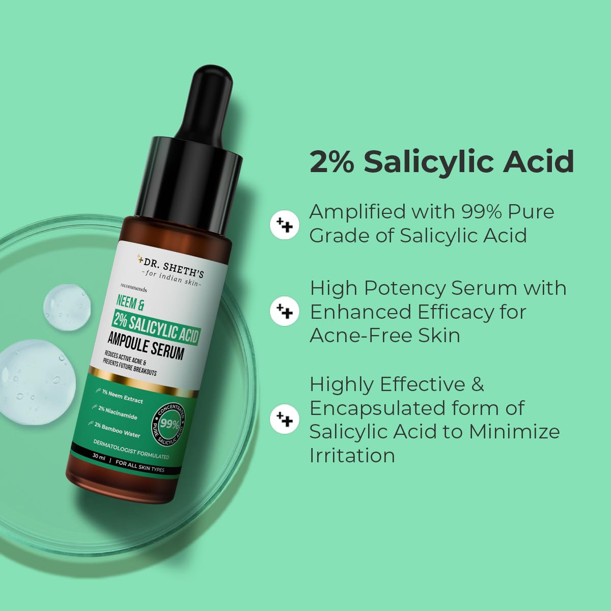 Dr. Sheth's Neem & Salicylic Acid Serum For Active Acne,Blackheads & Open Pores|2% Salicylic Acid & 1% Niacinamide|For Oily & Acne-Prone Skin|Men & Women|30Ml
