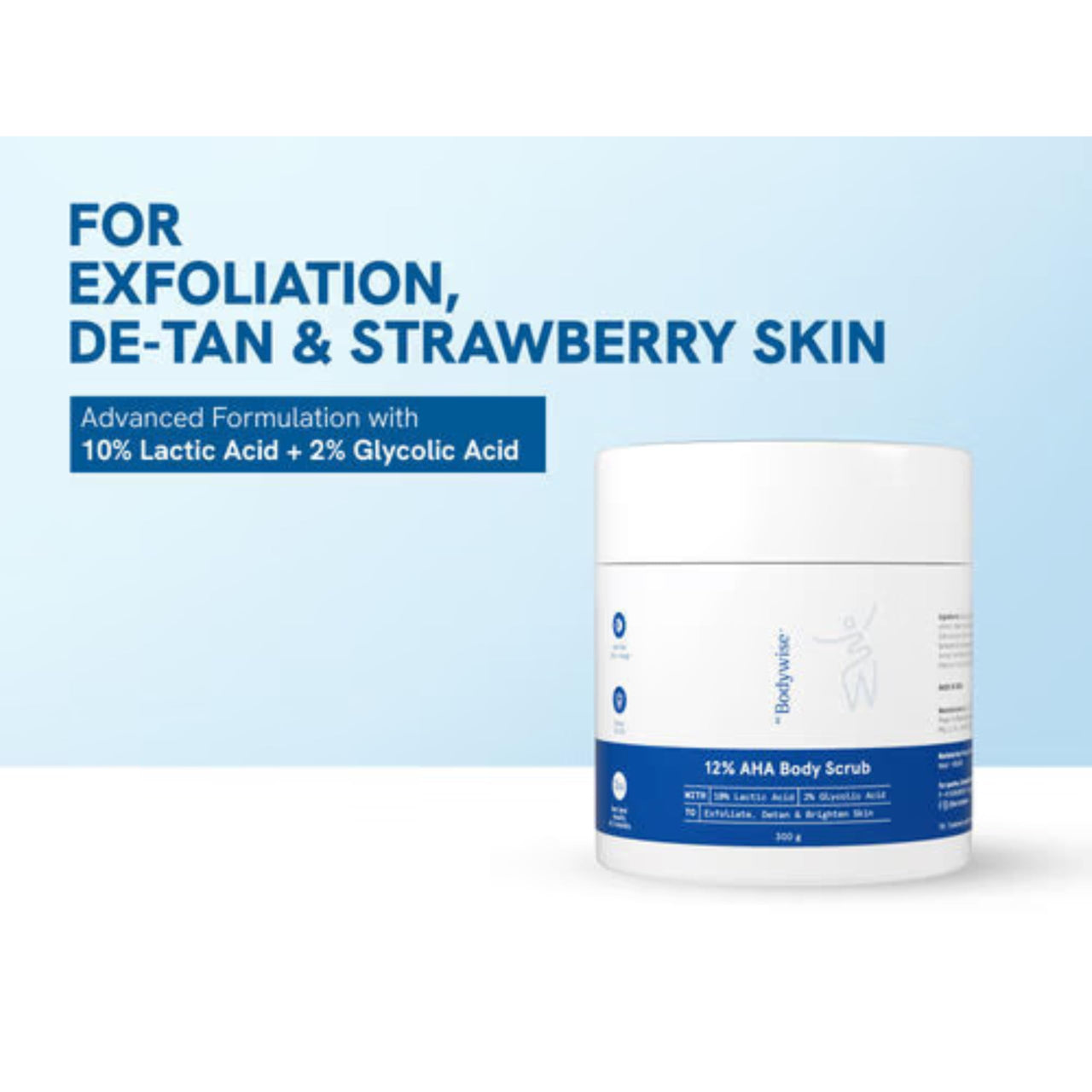Be Bodywise 12% AHA Body Scrub | Exfoliating Scrub with Glycolic Acid & Lactic Acid | Smoothens Strawberry Skin & Rough Bumps | Oat & Aloe Extract for Hydration | Vitamin E for Skin Protection | 300g