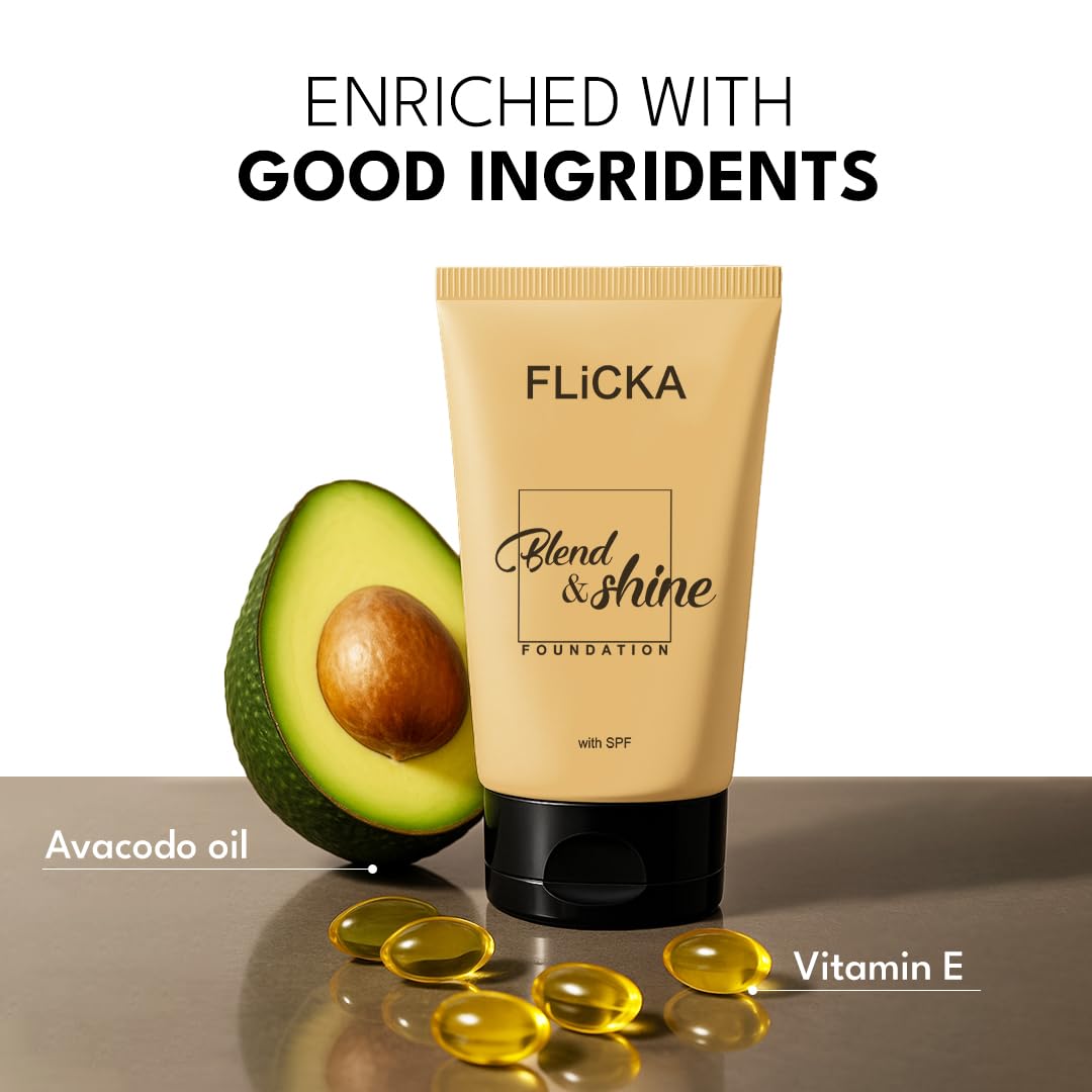 FLiCKA Blend and Shine Liquid Foundation for Face Makeup 30ml | Medium to High Coverage | Vitamin E, Avocado Oil & SPF | Moisturizing, Lightweight, Waterproof | All Skin Types | 02 Beige